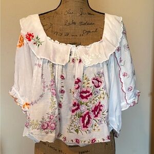 Anthropologie White Blouse with Pink & Green Floral Print